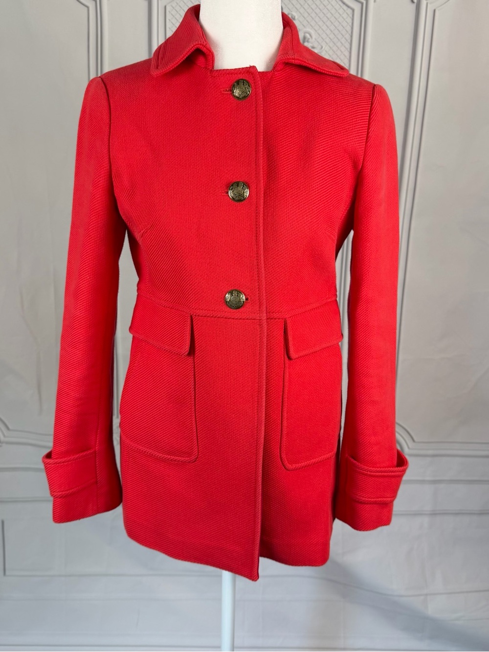 Banana Republic Petite XS Coral Cotton Military Style Jacket Gold Crest Buttons